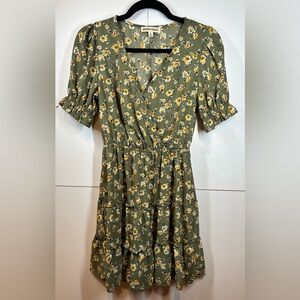 Inspired Hearts Olive Green Floral Tiered V-neck Flutter Sleeve Dress Sz Small